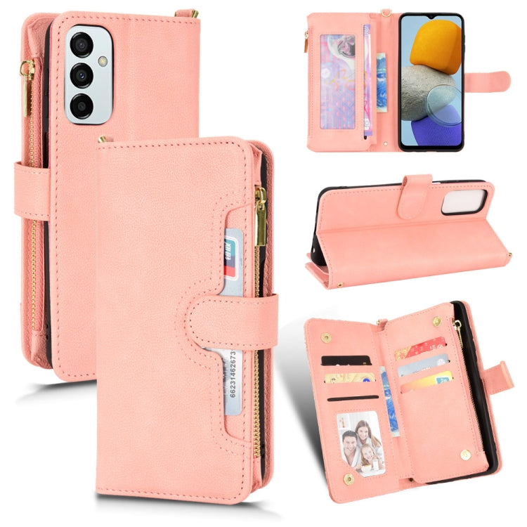 Pink litchi texture zipper leather phone case with card slots and wallet mirror flip