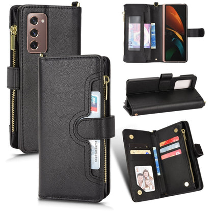 Black litchi texture zipper leather phone case with card slots, zipper, folding stand