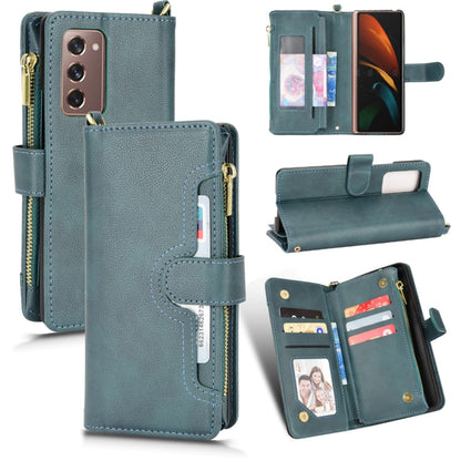 Teal litchi texture zipper leather phone case with card slots and flip-open stand