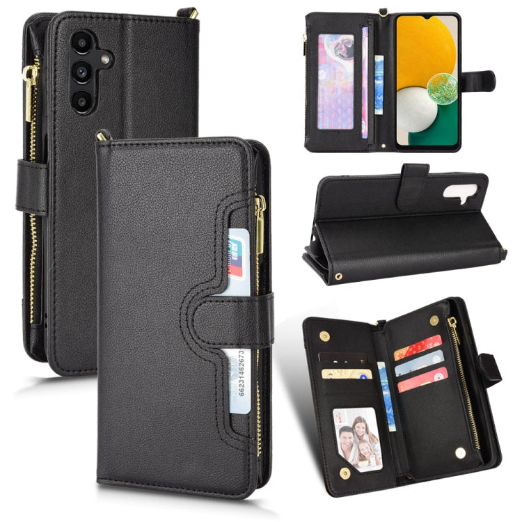 Black litchi-texture leather phone case wallet with zipper, card holder slots, flip cover.