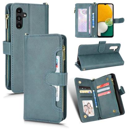 Teal litchi-texture leather phone case wallet with zipper and card slots, flip cover.