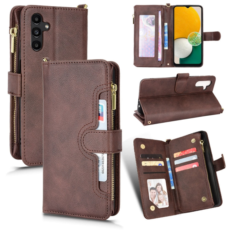 Brown litchi-texture leather phone case wallet with zipper and card slots, fold cover.