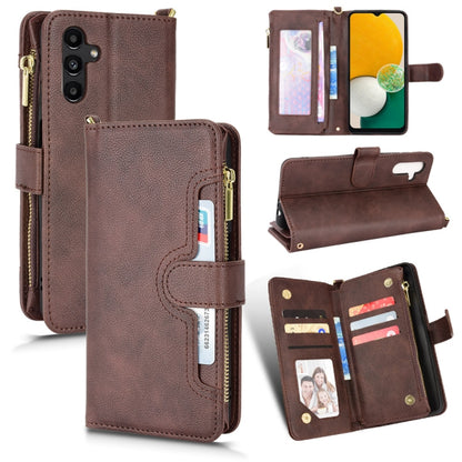 Brown litchi-texture leather phone case wallet with zipper and card slots, fold cover.