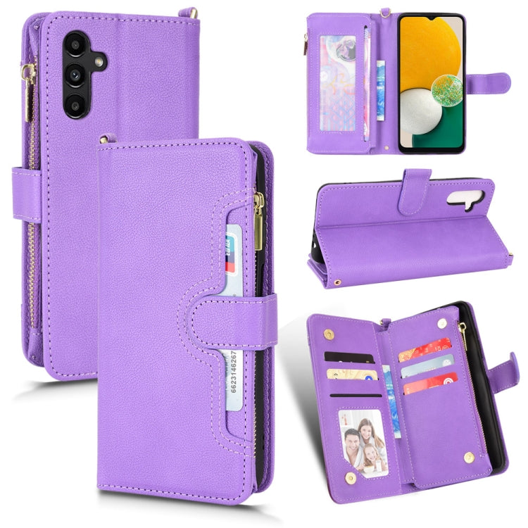 Purple litchi-texture leather phone case wallet with zipper, card slots, flip cover.