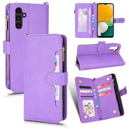 Purple litchi-texture leather phone case wallet with zipper, card slots, flip cover.