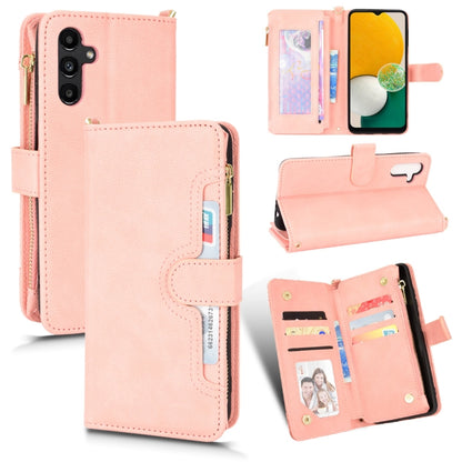 Pink litchi-texture leather phone case wallet with zipper, card slots, protective flap.