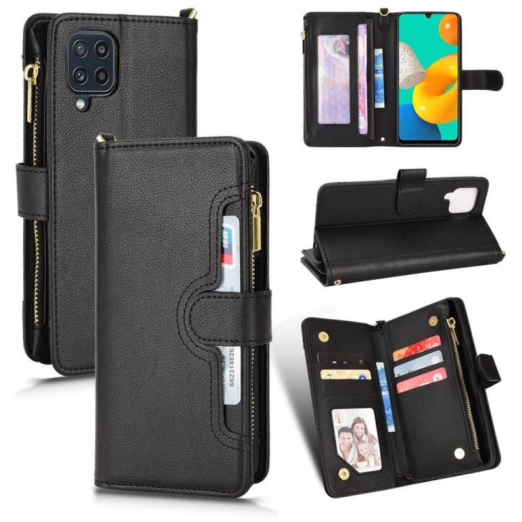 Black litchi-texture leather phone case wallet with zipper and card slots, flip design.
