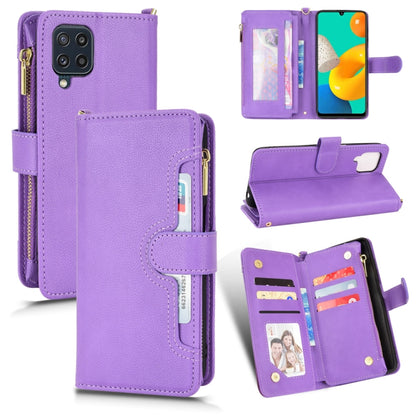 Purple litchi-texture leather phone case wallet with zipper and card slots, flap cover.