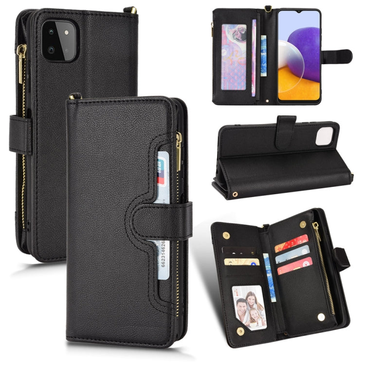 Black litchi-textured zipper leather phone wallet case with card slots