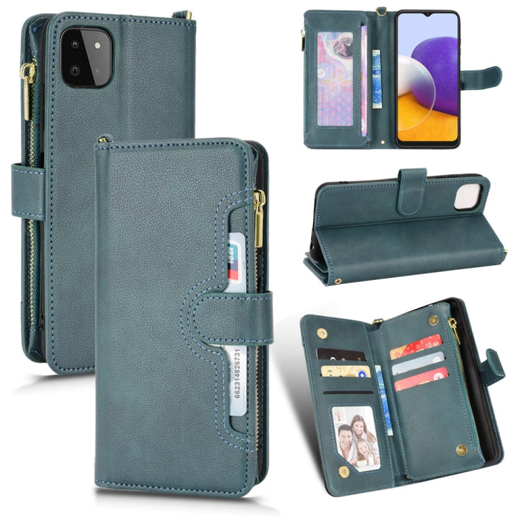 Teal litchi-textured zipper leather phone wallet case with card slots