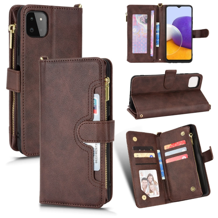 Brown litchi-textured zipper leather phone wallet case with card slots