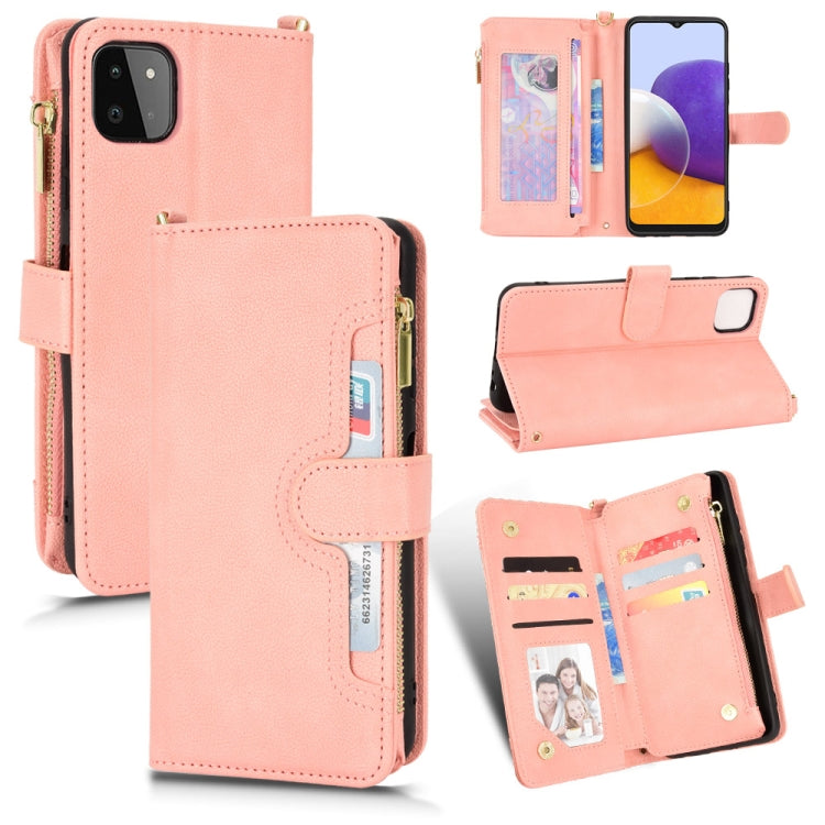 Pink litchi-texture leather phone case with zipper, card slots, and flip stand