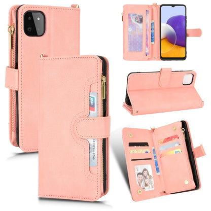 Pink litchi-texture leather phone case with zipper, card slots, and flip stand