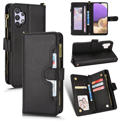 Black litchi-texture leather phone case with zipper, card slots, and flip stand