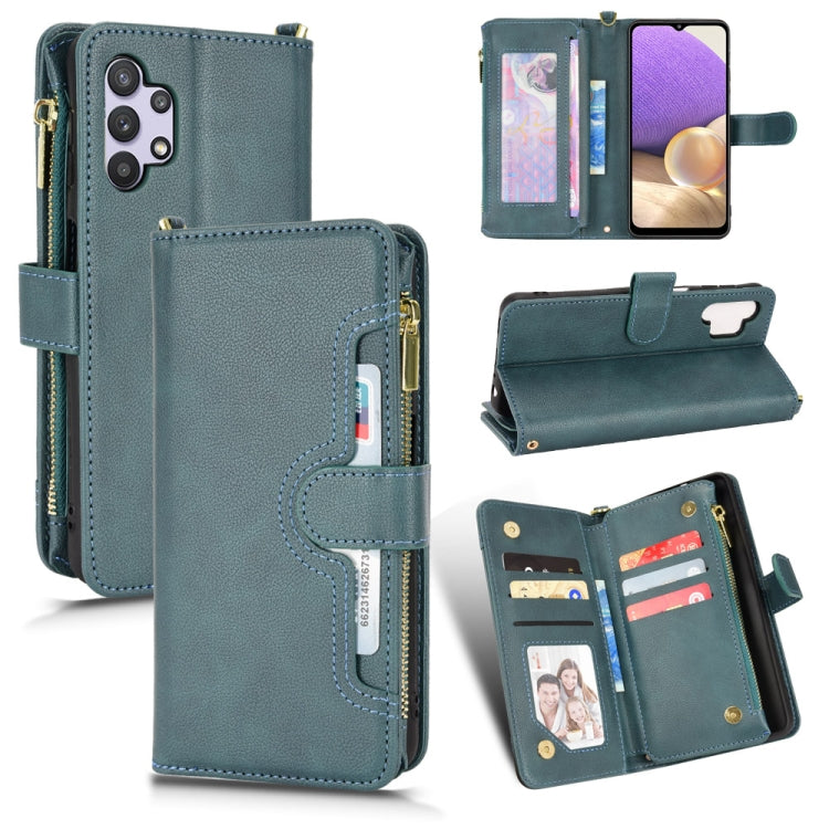 Teal litchi-texture leather phone case with zipper, card slots, and flip stand