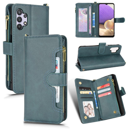 Teal litchi-texture leather phone case with zipper, card slots, and flip stand