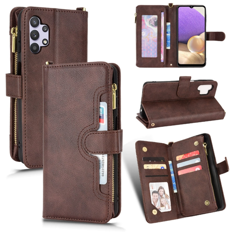 Brown litchi-texture leather phone case with zipper, card slots, and flip stand