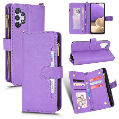 Purple litchi-texture leather phone case with zipper, card slots, and flip stand