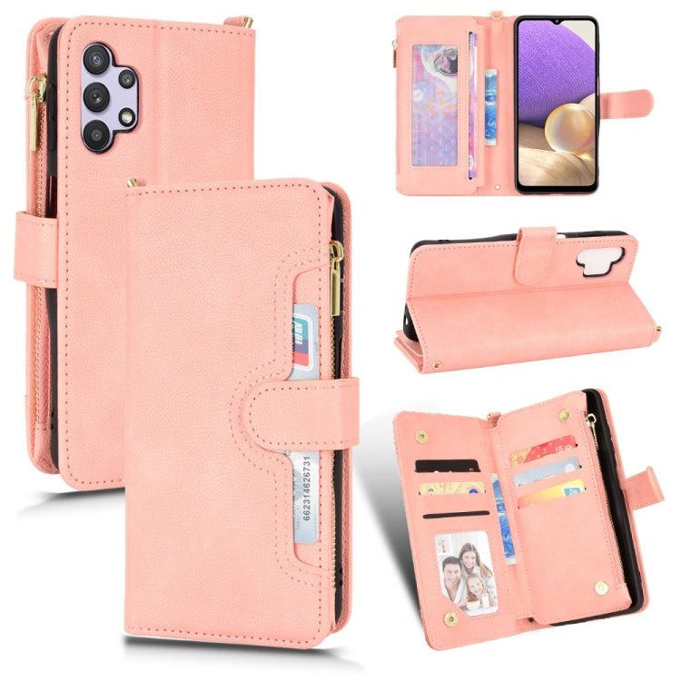 Pink litchi-texture leather wallet phone case with zipper, card slots, and stand