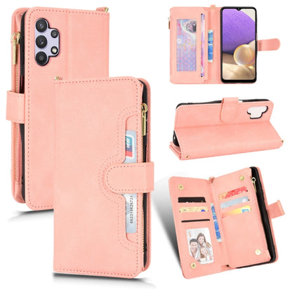 Pink litchi-texture leather wallet phone case with zipper, card slots, and stand