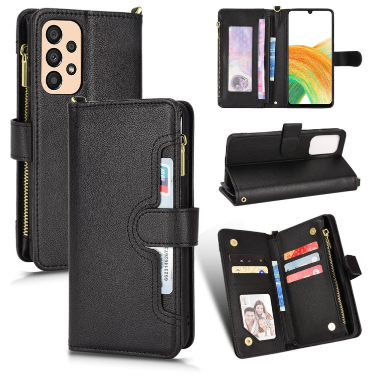 Black litchi-texture zipper wallet phone case with card slots and magnetic stand