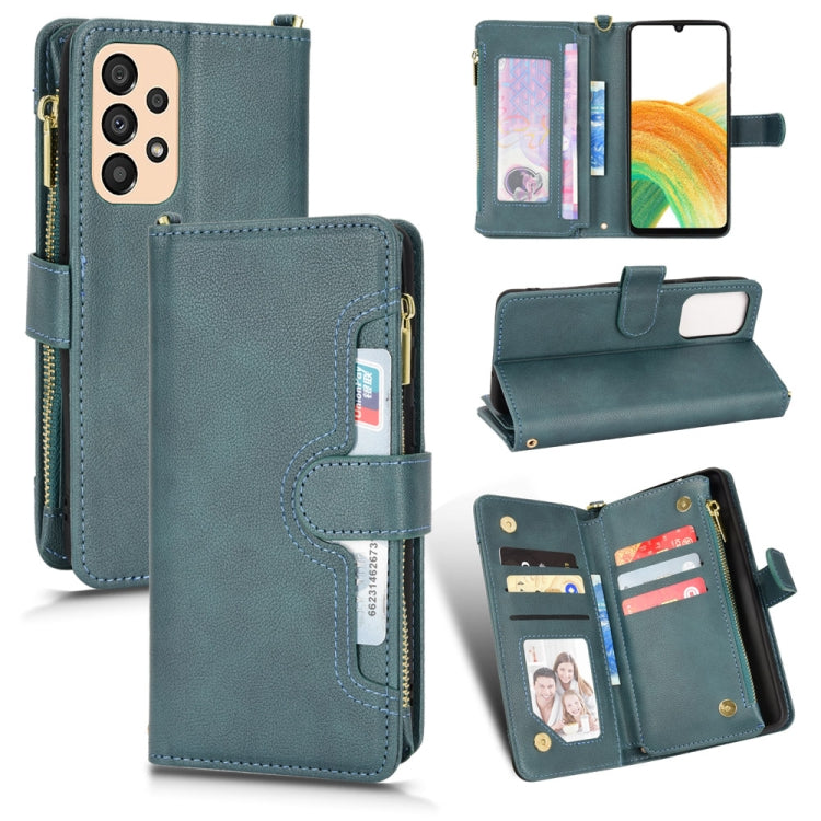 Teal litchi-texture zipper wallet phone case with card slots and magnetic stand