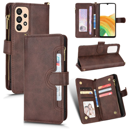Brown litchi-texture zipper wallet phone case with card slots and magnetic stand