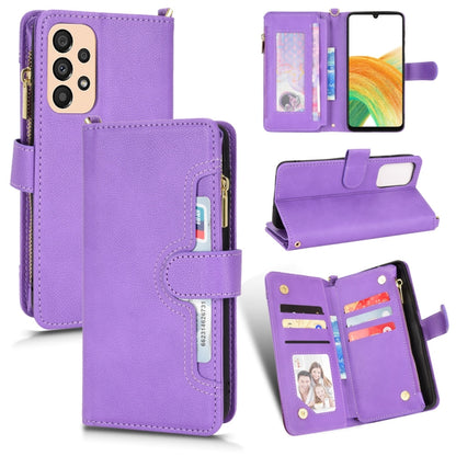 Purple litchi-texture zipper wallet phone case with card slots and magnetic stand