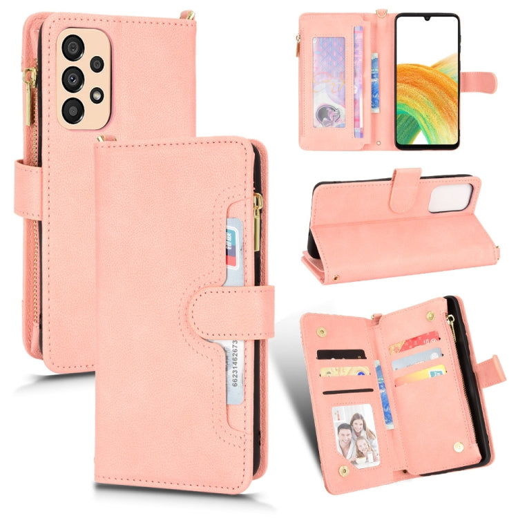 Pink litchi-texture zipper wallet phone case with card slots and magnetic stand