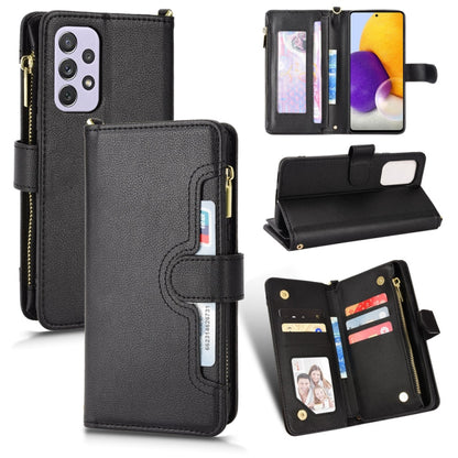 Black litchi texture leather phone case with zipper, card slots, and flip stand