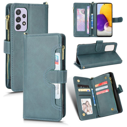 Teal litchi texture leather phone case with zipper, card slots, and flip stand