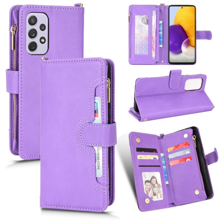 Purple litchi texture leather phone case with zipper, card slots, and kickstand cover