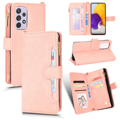 Pink litchi texture leather phone case with zipper, card slots, and flip stand