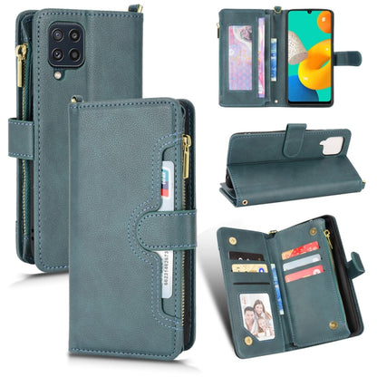 Teal litchi texture leather phone case with zipper, card slots, and kickstand cover