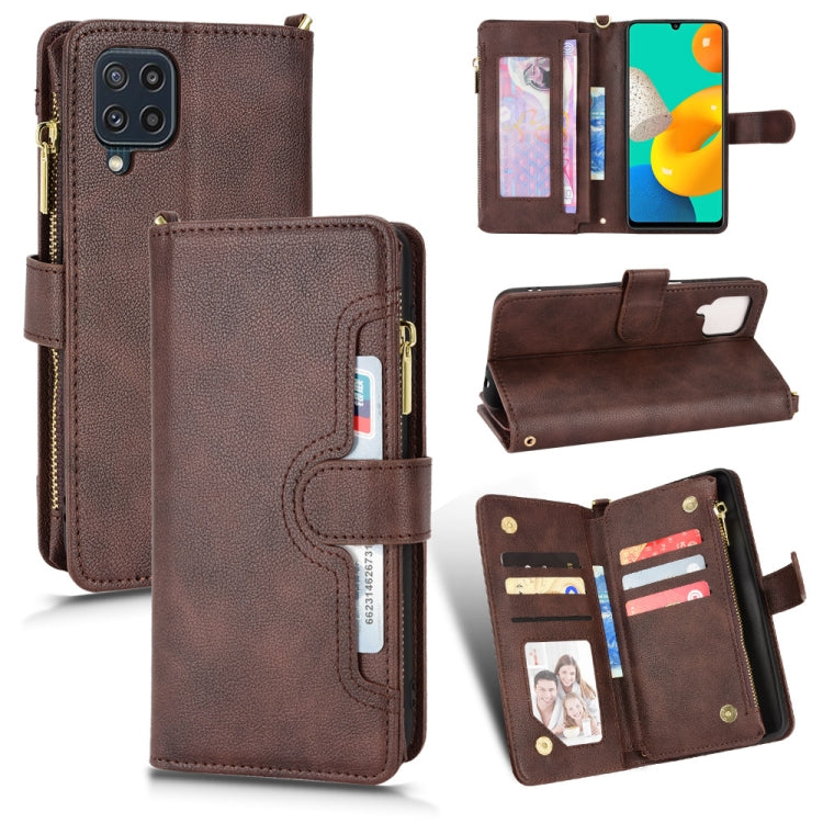 Brown litchi texture leather phone case with zipper, card slots, and flip cover