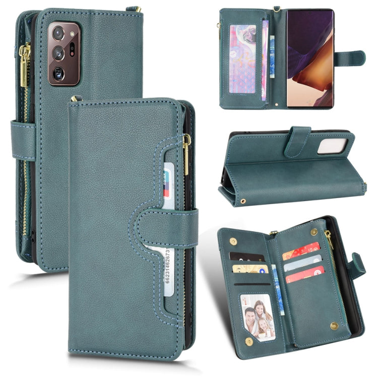 Teal litchi-texture leather phone case with zipper and flip card-slot cover