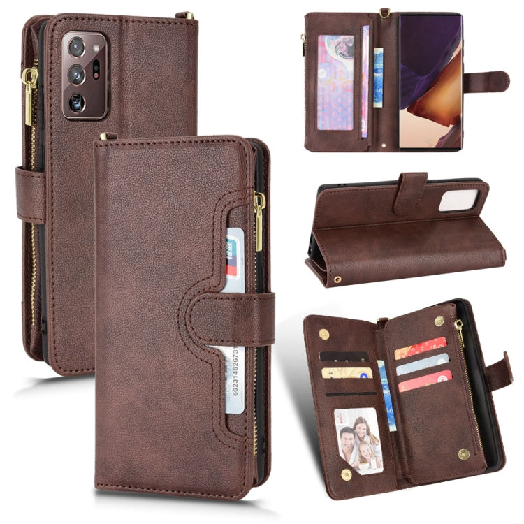 Brown litchi-texture leather phone case with zipper and flip card-slot cover