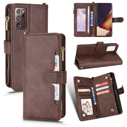 Brown litchi-texture leather phone case with zipper and flip card-slot cover