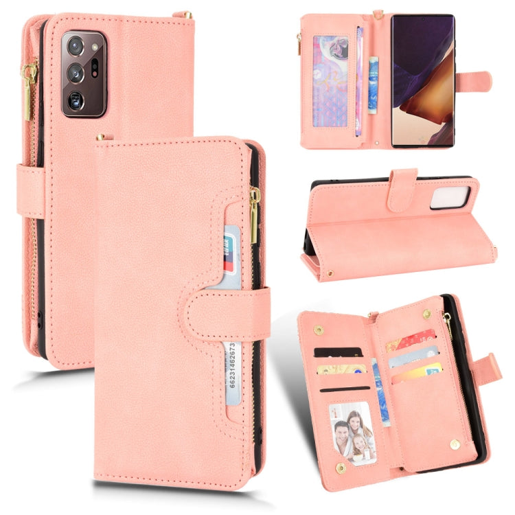 Pink litchi-texture leather phone case with zipper, flip cover, and stand support