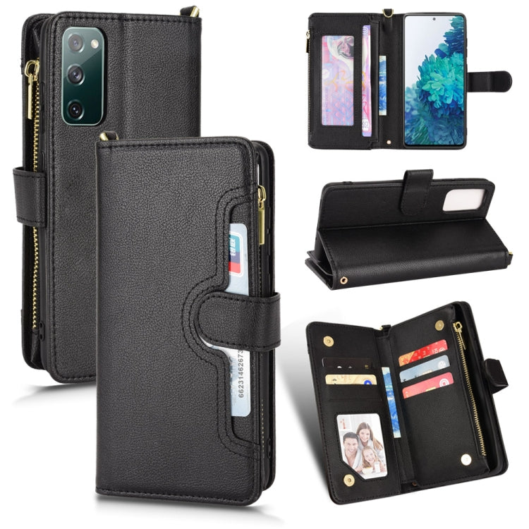 Black litchi-texture leather phone case with zipper, flip cover, and stand support