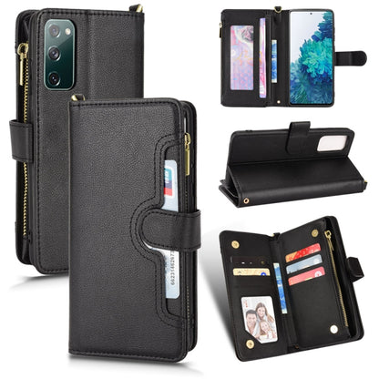 Black litchi-texture leather phone case with zipper, flip cover, and stand support