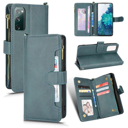 Teal litchi-texture leather phone case with zipper, flip cover, and stand support