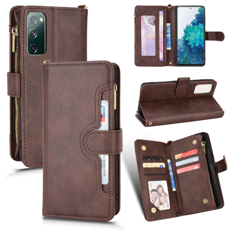 Brown litchi-texture leather phone case with zipper, flip cover, and stand support