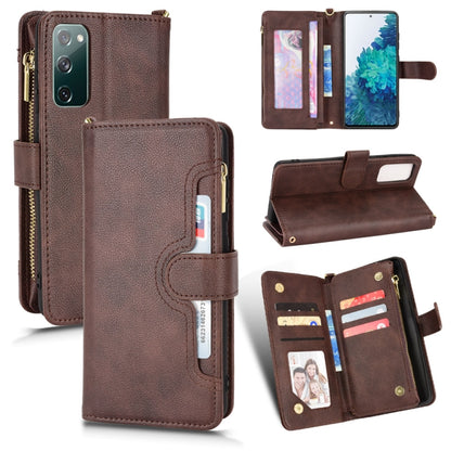 Brown litchi-texture leather phone case with zipper, flip cover, and stand support