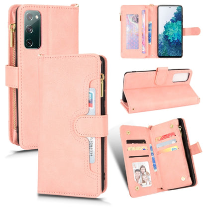 Pink litchi-texture leather phone case with zipper, card slots, and flip stand