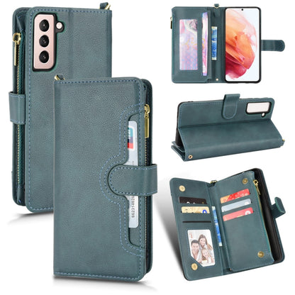 Teal litchi-texture leather phone case with zipper, card slots, and flip stand