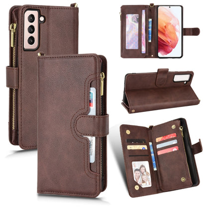 Brown litchi-texture leather phone case with zipper, card slots, and flip stand