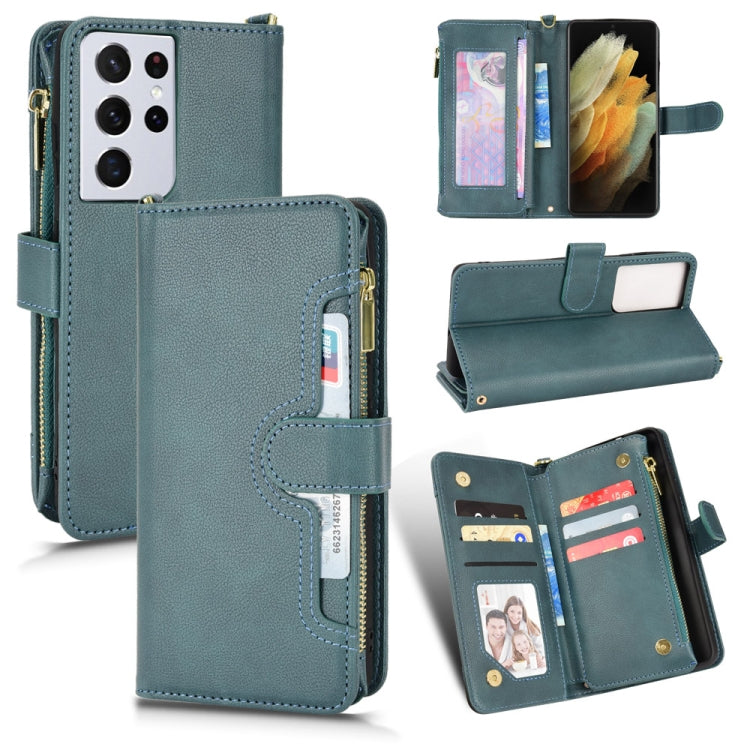 Teal litchi-texture leather phone case with zipper, card slots, and stand cover