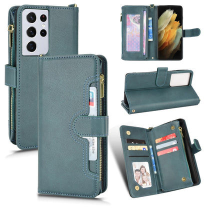 Teal litchi-texture leather phone case with zipper, card slots, and stand cover