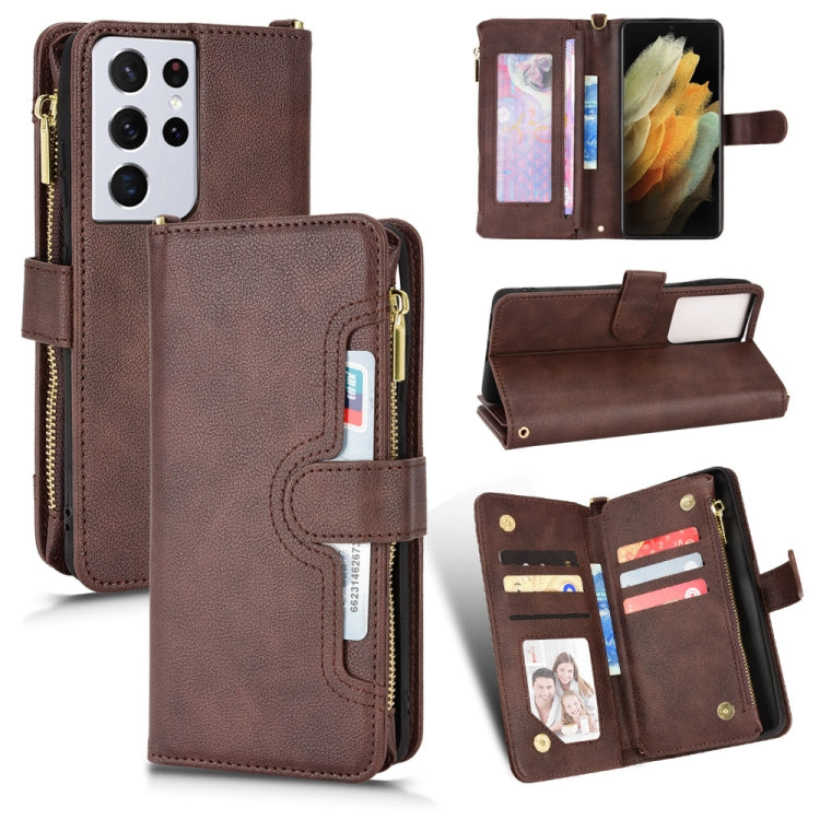 Brown litchi-texture leather phone case with zipper and card slots in a folio